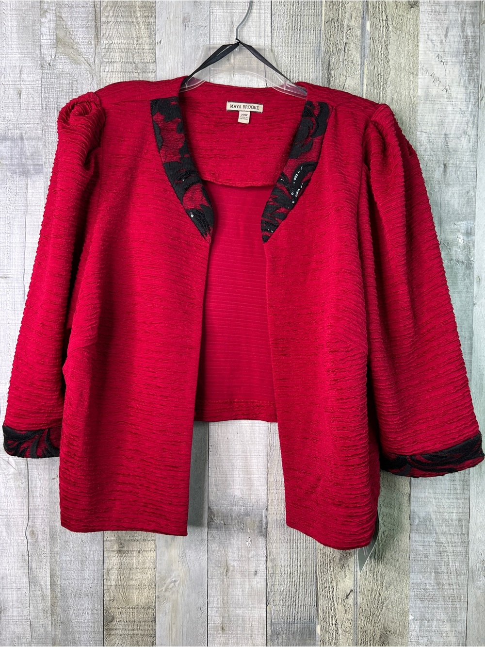 Maya Brooke Size 20W Red & Black w/Black Sequins Open Front Jacket 3/4 Sleeves